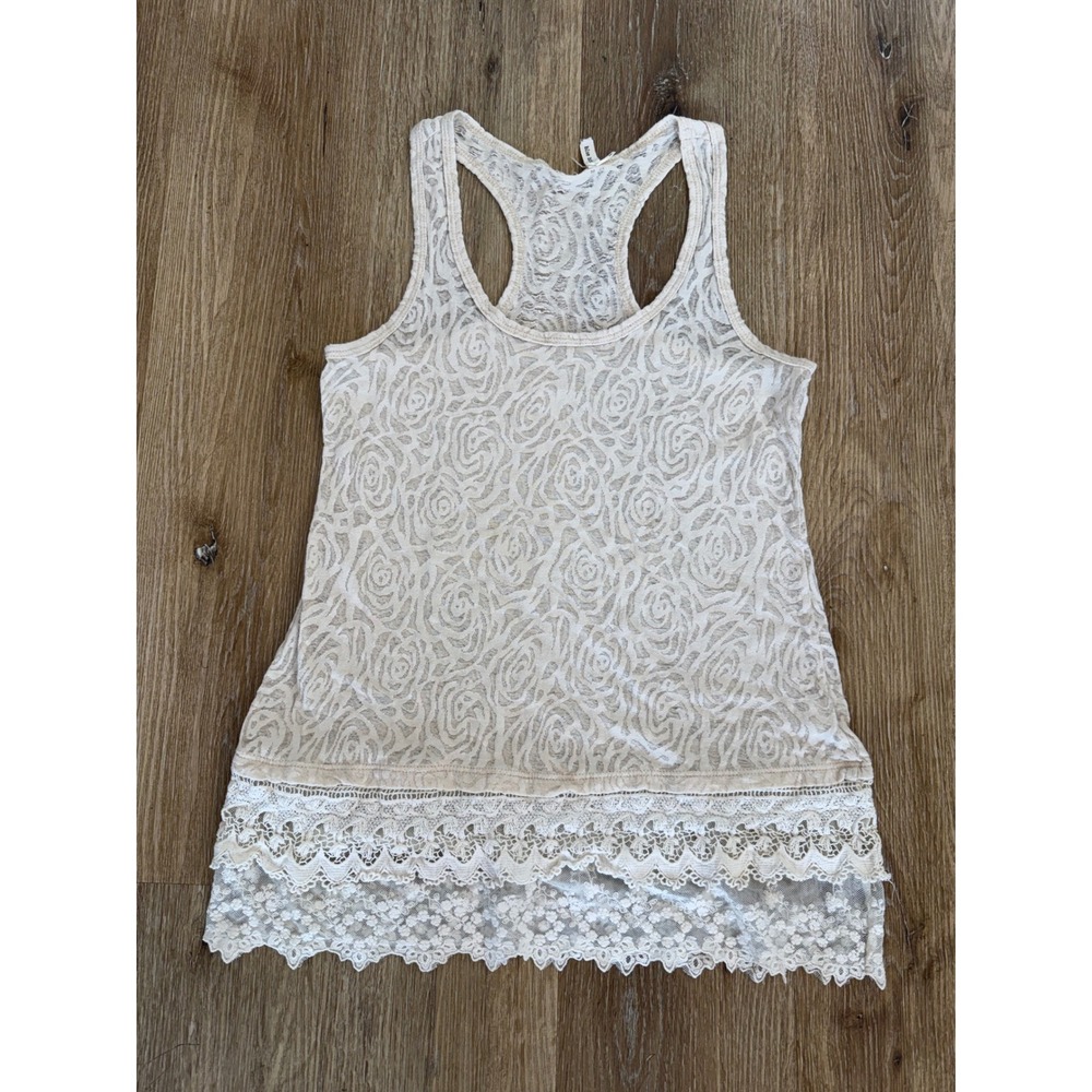 blue bird Rose Burnout Lace Hem Tank‎ Top Womens M Cream Racerback Boho Coquette